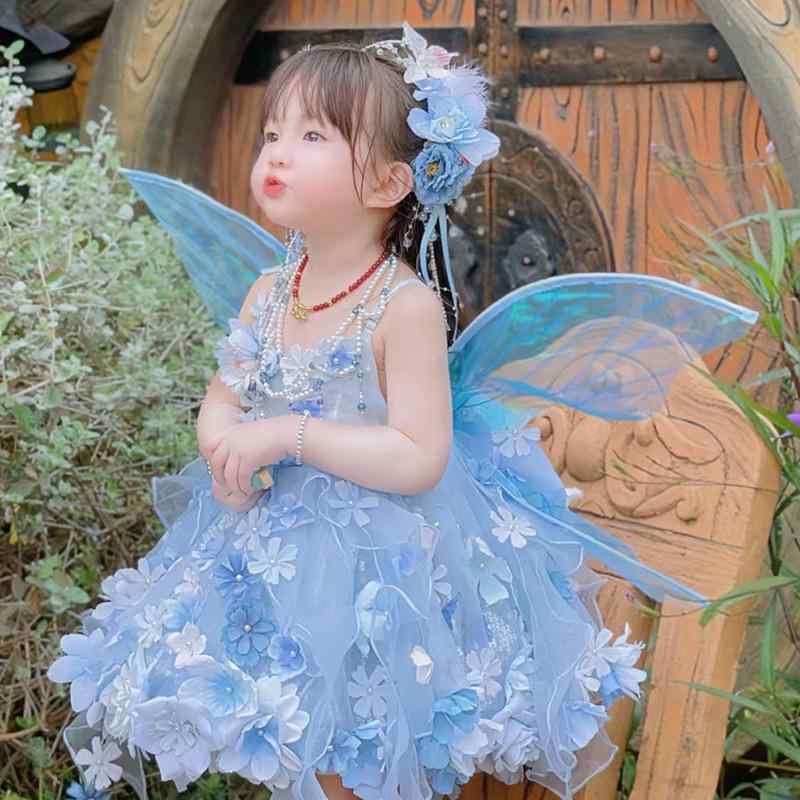 キッズ 女の子 ドレス フォーマル 花妖精 プリンセス エルフ おしゃれ 発表会 誕生日 記念日 春夏 ブルー ポリエステル 小中学生 100 110 120 130 140cm対応