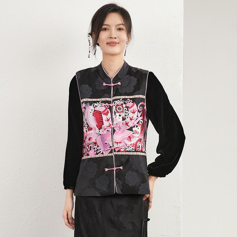 より良い ジレ レディース 名取り草刺しゅう 照明ランプ色合い 新中国風 重厚感 レトロモダン 秋冬 細身 綿混 雅びやか 雅びやか 引っ切り無い影ぼうし