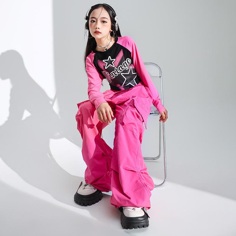キッズ ダンス衣装 ガールズ 女の子 ジャズダンス ヒップホップ ストリート スタイリッシュ かっこいい 発表会 ステージ衣装 セットアップ 上下セット コットン 綿素材 男女兼用 オールシーズン