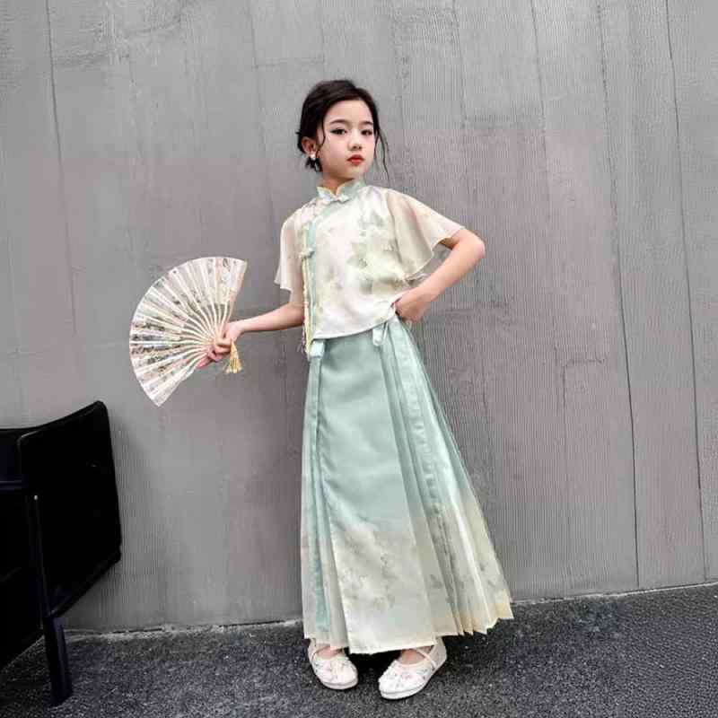 漢服 女の子 子供服 中国風 シフォン 馬面スカート セットアップ アニマルプリント 古風 春秋 ソフト加工 ポリエステル おしゃれ かわいい 紫 ピンク 普通地