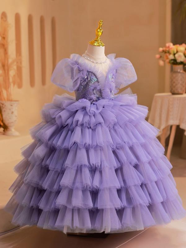 ドレス 子供 女の子 紫 プリンセス 発表会 誕生日 パーティー ピアノ演奏会 フォーマル フラワーガール 結婚式 披露宴 豪華 ロング丈 ボリューム ふんわり 多層フリル ポリエステル オールシーズン