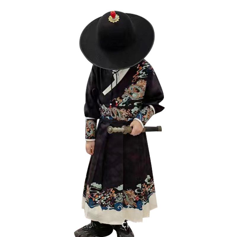 漢服 男の子 子供 キッズ 中国風 中華風 武侠風 明朝スタイル 国学服 飛魚服 錦衣衛風 舞台衣装 発表会 イベント コスプレ 衣装 起毛加工 ソフトな肌触り 人工カラードコットン ポリエステル 安全基準A 春秋