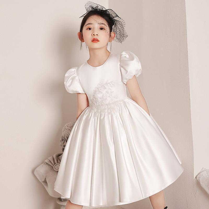 ドレス 女の子 キッズ フラワーガール サテン ふわふわ プリンセス 白 ピアノ発表会 演奏会 結婚式 パーティードレス オールシーズン