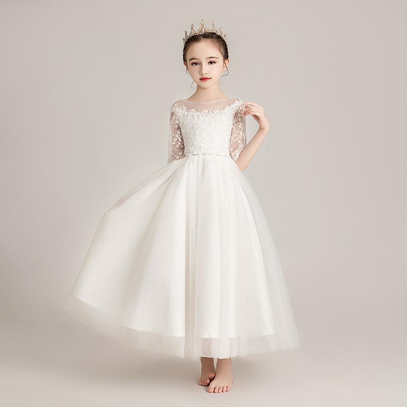 ドレス 女の子 白 長袖 華やか プリンセスドレス ロング丈 柔らかい肌触り 厚手 裏地付き 花柄 結婚式 フラワーガール 発表会 演奏会 舞台衣装 セレモニー フォーマル 女児 小学生 中学生