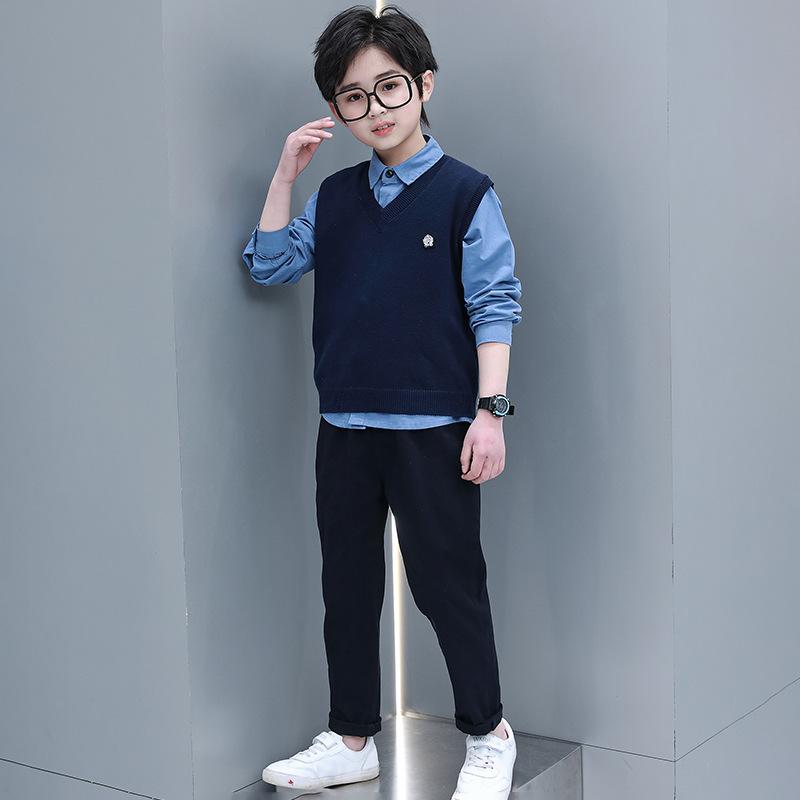 セットアップ 男の子 ジュニア 春秋 ニットベスト ブルー シャツ ストレートパンツ 3点セット コットン素材 柔らかい肌触り ブリティッシュスタイル 小学生 高学年 フォーマル カジュアル