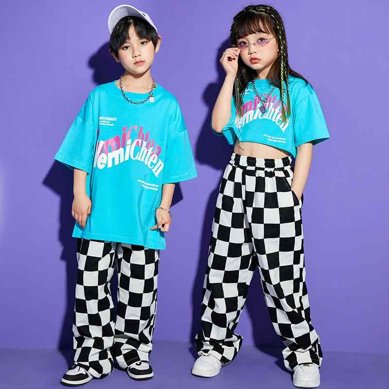 ダンス衣装 キッズ 男女兼用 ヒップホップ ストリート ジャズ シャッフルダンス おしゃれ かっこいい コットン 綿混 セットアップ チェック柄 パンツ 発表会 練習着 イベント ステージ衣装 秋冬