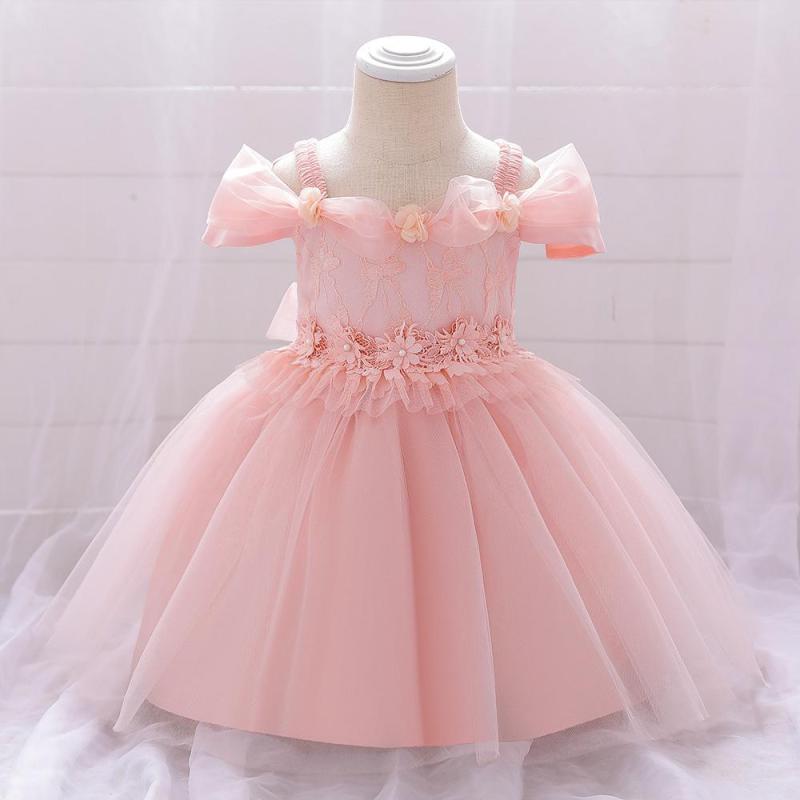 ドレス 女の子 キッズ ベビー オフショルダー プリンセス チュール レース リボン ふわふわ 結婚式 発表会 誕生日 フォーマル セレモニー パーティー 1歳向け 80-100cm ポリエステル 綿混 ピンク ブルー