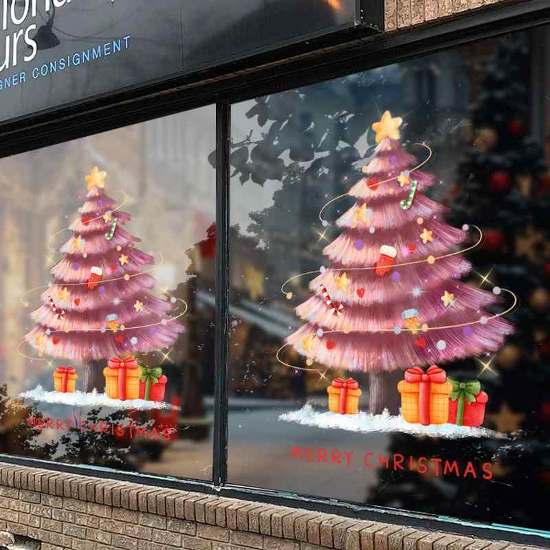 静電ステッカー クリスマスツリー ピンク 窓 ガラス ドア ショーウィンドウ 店舗装飾 リビング 玄関 剥がせる 貼り直し可能 シール かわいい PVC製 オーナメント デコレーション