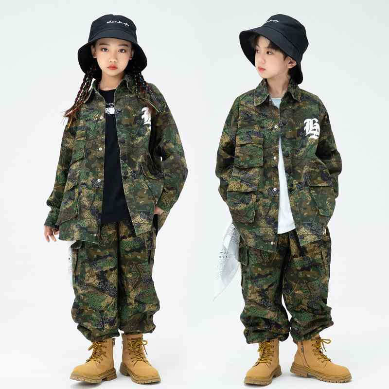 キッズ ダンス衣装 男の子 女の子 ストリートダンス ジャズダンス ヒップホップ 迷彩柄 セットアップ コットン素材 柔らかい肌触り 発表会 演出服 イベント ステージ衣装 ファッションショー 子供用