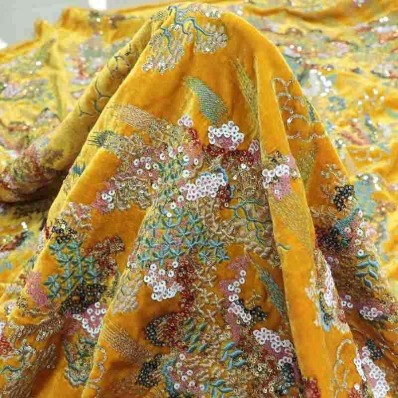 生地 3D立体花 スパンコール刺繍 レトロ ファッション 植物柄 ウェディング 礼服 ロングスカート ワンピース 舞台衣装 装飾用 秋冬