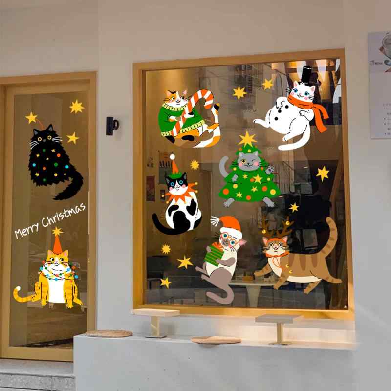 窓飾り ウォールステッカー インスタ映え キャラクター 猫 かわいい 静電透明 UVカット PET素材 新年 お正月 クリスマス 店舗用 家庭用 オフィス ガラスドア 窓 デコレーション シール おしゃれ モダン