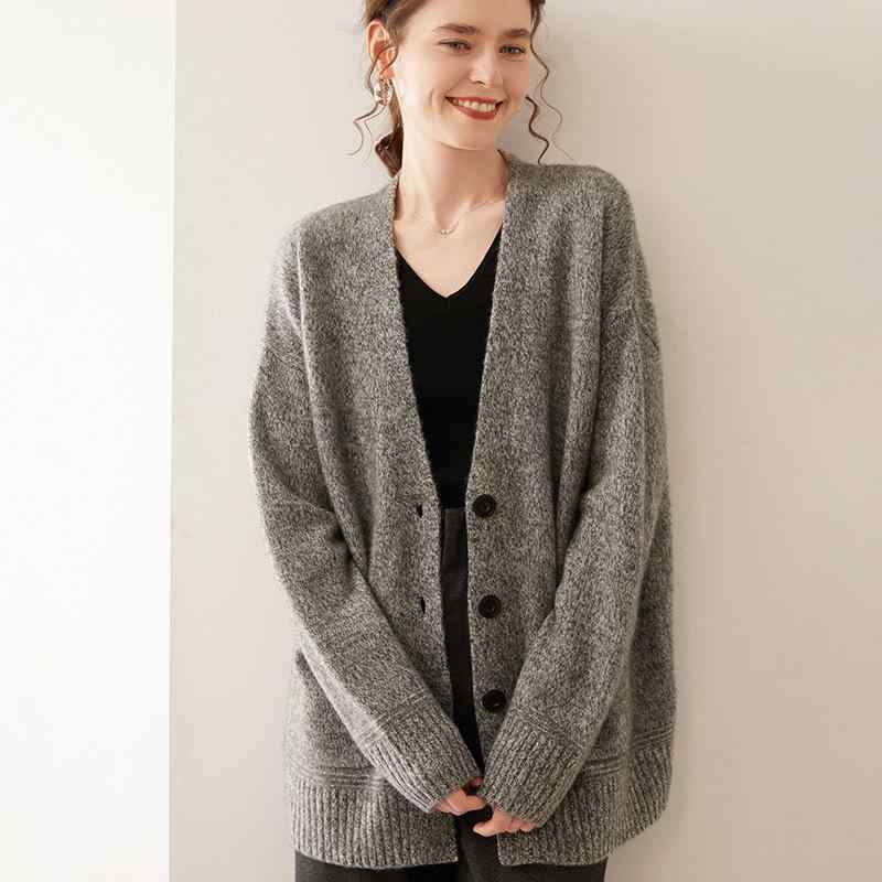 ニットカーディガン レディース 厚手 カシミヤ ウールブレンド Vネック メランジ ゆったり シングルボタン 通勤 オフィス 着回し 秋冬 羽織もの
