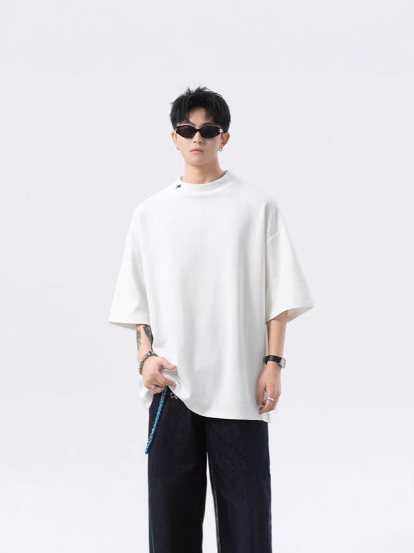 Tシャツ メンズ 春夏 吸汗速乾 通気性 シワになりにくい 純綿 コットン ハイネック 半袖 無地 刺繍 ヘビーウェイト 厚手 ゆったり ルーズフィット カジュアル 普段着 白 黒 ホワイト ブラック