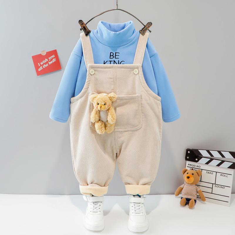 キッズ 男の子 ボーイズ セットアップ コーデュロイ オーバーオール サロペット 上下セット 2点セット 厚手 暖かい かわいい 秋冬 長袖 無地 ロゴ 韓国風 コットン オムツ替え楽々
