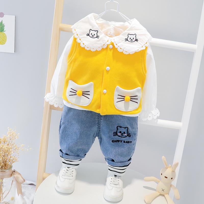 セットアップ 女の子 春秋 綿 コットン かわいい キャラクター 猫柄 付け襟 トップス カーディガン パンツ 3点セット 韓国風 子供服 幼児