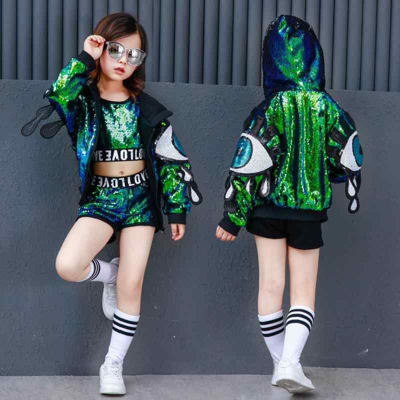ダンス衣装 キッズ 女の子 ジュニア スパンコール ジャズダンス ヒップホップ ストリートダンス 伸縮性 ステージ衣装 発表会 セットアップ グリーン