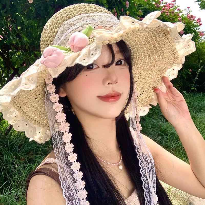 麦わら帽子 レディース つば広 UVカット 遮光 日よけ チューリップ レース リボン 春夏 ビーチ リゾート 旅行 かわいい フェミニン ストローハット
