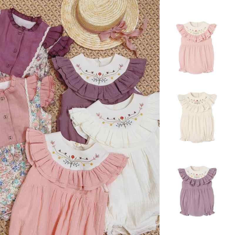 ロンパース ベビー 女の子 夏服 肌に優しい 綿100% 薄手 ノースリーブ 花びらデザイン 刺繍 かわいい プリンセス風 おしゃれ 通気性 涼しい 着脱簡単