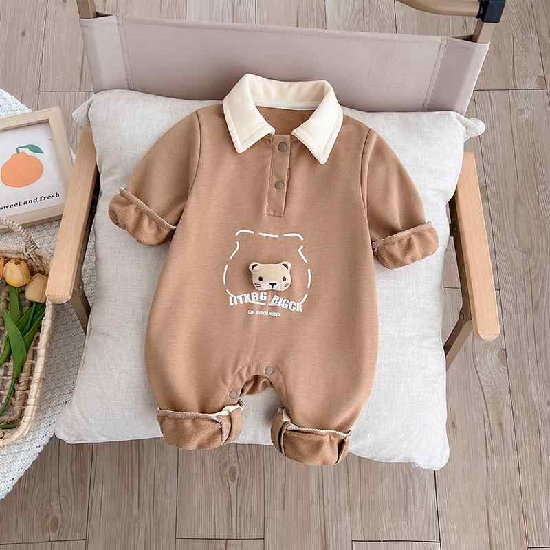 ロンパース ベビー 男の子 春秋 新生児 長袖 コットン 快適 フラットシーム かわいい クマ柄 カバーオール 外出着 普段着 オールインワン プルオーバー コーヒーブラウン