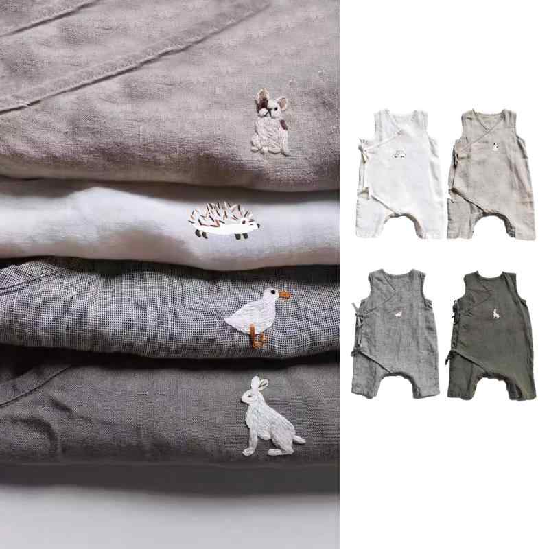 ロンパース ベビー 男の子 女の子 綿麻 春夏 薄手 ノースリーブ 無地 斜め襟 結び紐 動物 刺繍 かわいい カバーオール ボディスーツ 男女兼用 Aクラス安全基準 ルームウェア 出産祝い 1歳 2歳 3歳