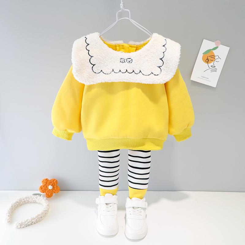 ベビー服 女の子 秋冬 裏起毛 厚手 保温性 肌に優しい かわいい 韓国風 綿混素材 スウェット トレーナー パンツ 2点セット 上下セット ストライプ柄 カートゥーン 股下スナップ 80cm 90cm 100cm 部屋着 お出かけ着