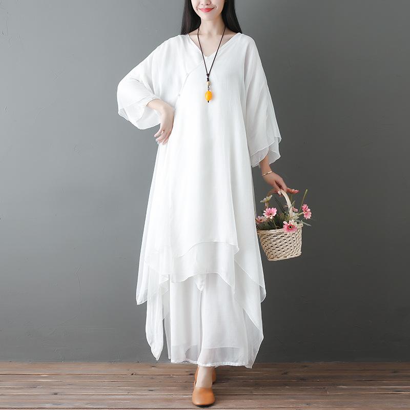 ワンピース セットアップ レディース 中国風 禅意 仙女風 禅舞服 茶道服 2点セット ロング丈 ゆったり 体型カバー エレガント コットン 綿素材 ロングスリーブ フレアスリーブ 普段着 ルームウェア