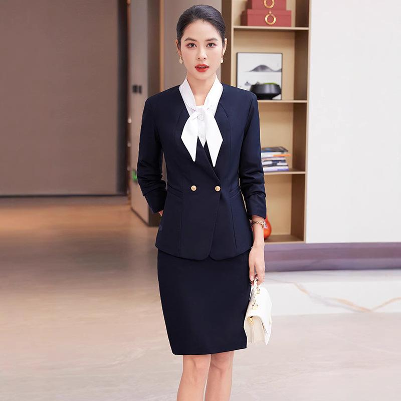 セットアップ レディース 女性用 長袖 オフィス ビジネス 受付 制服 通勤 ストレッチ ポリエステル グレー ジャケット テーラードジャケット パンツ スカート 3点セット 春秋
