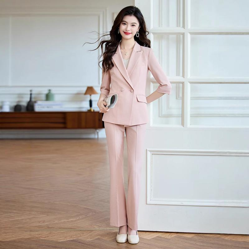 セットアップ レディース 女性用 ピンク 七分袖 テーラードジャケット ロングパンツ 2点セット 春夏 通勤 オフィスカジュアル きれいめ エレガント 上品 ポリエステル 伸縮素材