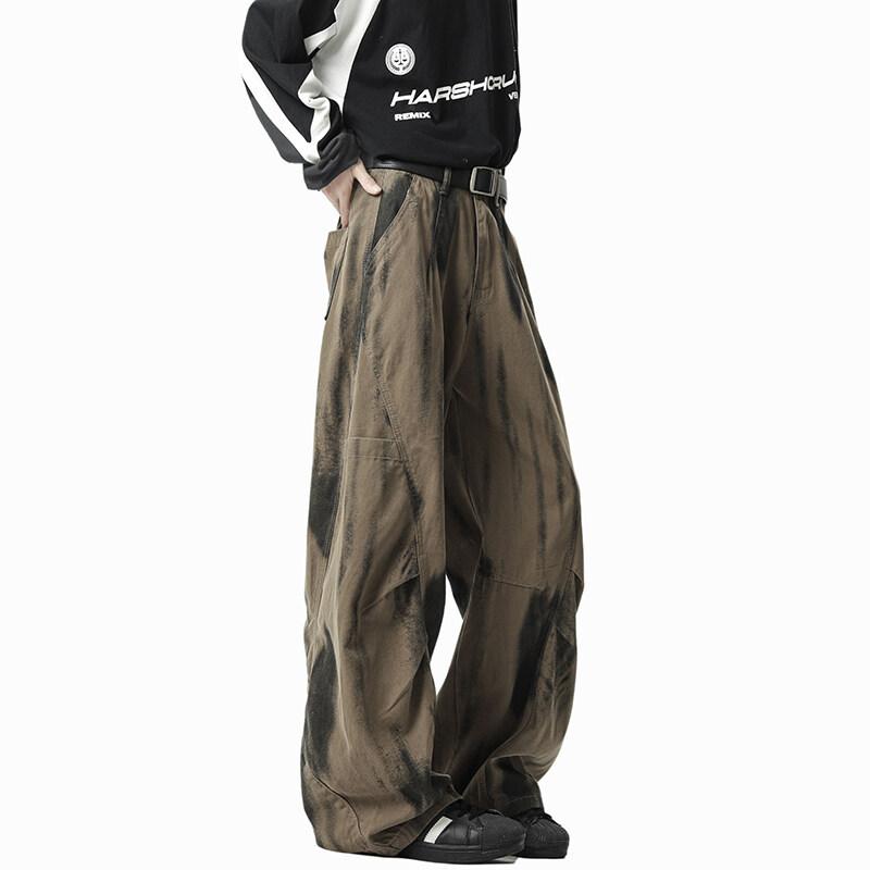 カジュアルパンツ メンズ 男性用 ウォッシュ加工 タイダイ染め ロング丈 カーブパンツ フレアシルエット ミドルウエスト 大きいサイズ プリントデザイン アメリカンカジュアル 韓国ファッション 綿混素材 春秋