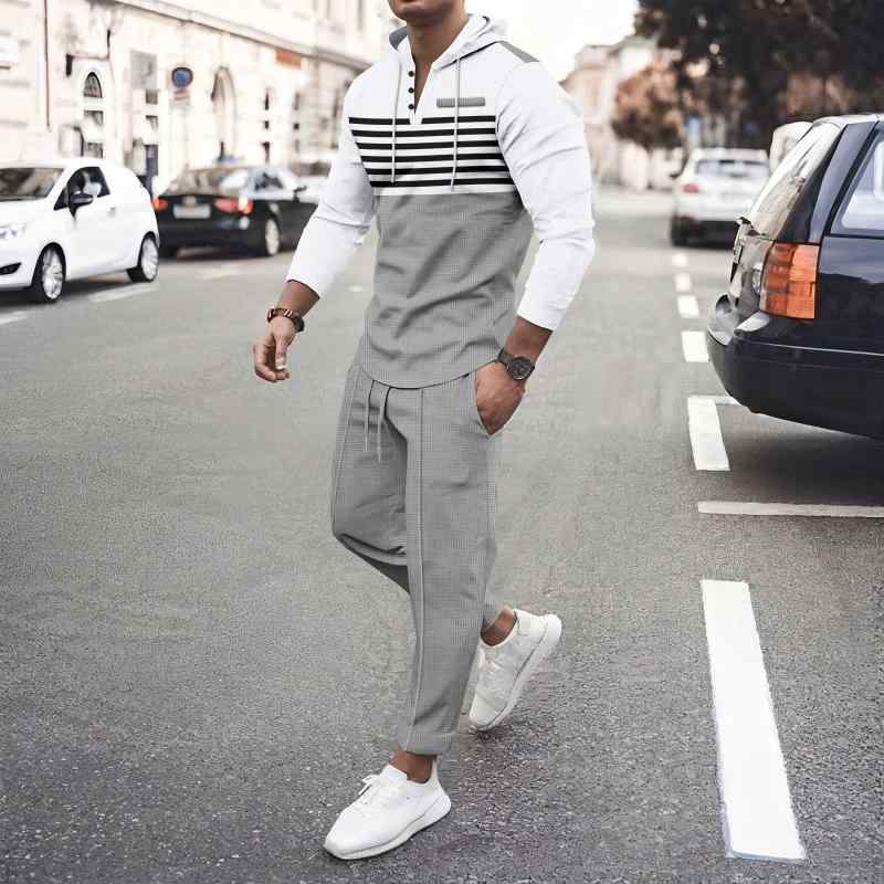 セットアップ メンズ ワッフル生地 フード付き ストライプ柄 長袖 ロングパンツ カジュアル アウトドア 上下セット 部屋着 ルームウェア オールシーズン ポリエステル素材 大人カジュアル