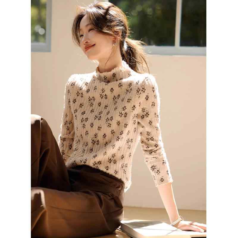 Tシャツ レディース 春夏物 配色 花柄ジャガード織り メロウフリル ハイネック 長袖 着痩せ スリムフィット 上品 エレガント 通勤 オフィス プルオーバー ポリエステル インナー カットソー