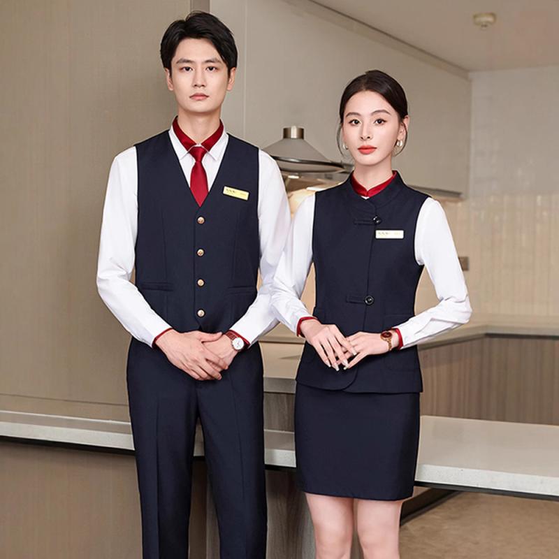 制服 メンズ レディース ホテル フロント 受付 事務服 オフィス ビジネス 通勤 セットアップ 春秋冬 ベスト ジレ シャツ ブラウス 長袖 パンツ スカート ポリエステル 伸縮性 エレガント