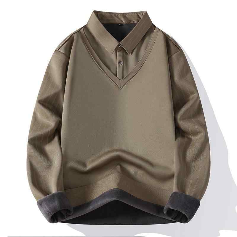 シャツ メンズ 秋冬 裏起毛 厚手 保温 暖かい フェイクレイヤード 重ね着風 ニット セーター 長袖 トップス デイリーユース カジュアル ビジネス オフィス 通勤 男性用 キャメルウール混 ポリエステル