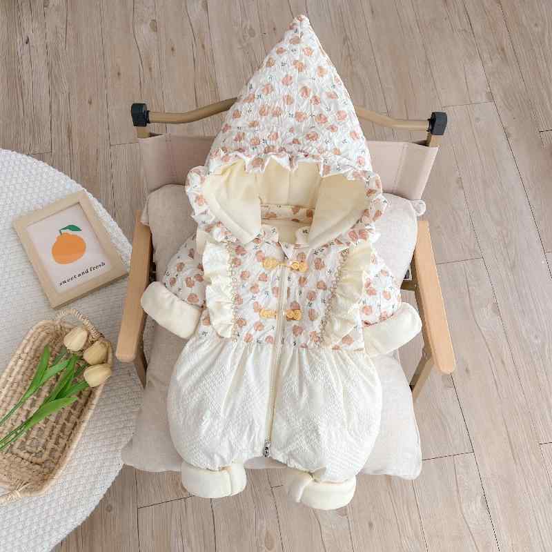 ロンパース ベビー 女の子 赤ちゃん 女児 新生児 0歳 1歳 ホワイトダックダウン 裏起毛 厚手 冬用 ジップアップ ロング丈 お出かけ プリンセス カバーオール つなぎ