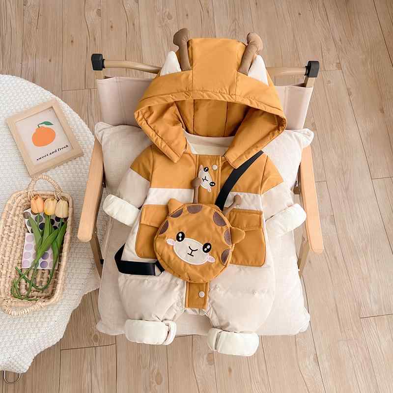 ダウン ベビー 男の子 新生児 カバーオール ロンパース 冬用 ホワイトダックダウン 裏フリース 厚手 暖かい フード付き 外出 お出かけ 防寒 股下開閉