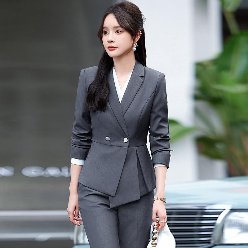 スーツ レディース 女性用 春秋冬 ビジネス オフィス 通勤 フォーマル 事務服 受付 接客 制服 ホテル フロント 美容院 高級感 上品 エレガント ストレッチ ジャケット セットアップ