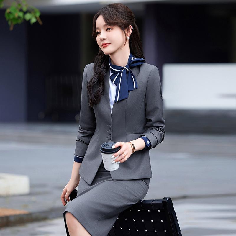 事務服 レディース 女性用 長袖 ジャケット オフィス セットアップ ホテル 受付 制服 礼服 フォーマル 通勤 OL エレガント 上品 デザイン性 個性的 ストレッチ ポリエステル素材 秋冬 大きいサイズ