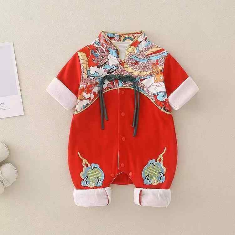 ロンパース ベビー 赤ちゃん 男の子 女の子 厚手 暖かい 防寒 お正月 新年 祝い着 挨拶服 外出着 お出かけ着 韓国風 中国風 吉祥柄 ポリエステル製 長袖 前開き 男女兼用 赤