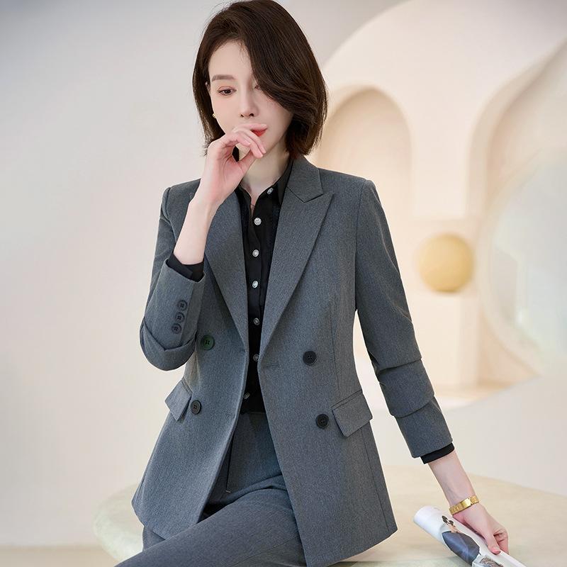 スーツ レディース 女性用 ビジネス オフィス フォーマル 通勤 グレー セットアップ パンツスーツ 春秋 事務服 制服 ホテル 受付 管理職 役職者 エレガント 上品 高級感 綿ポリエステル素材 長袖 ロングパンツ