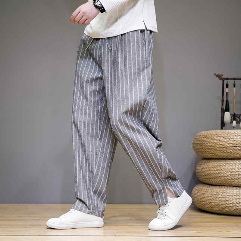 カジュアルパンツ メンズ 春秋 綿麻 コットンリネン ストレッチ 伸縮性 シワになりにくい イージーケア 中国風 中華風 ストライプ柄 ゆったり リラックスフィット ルーズフィット ストレート ストレートシルエット 普段着 部屋着 ロングパンツ