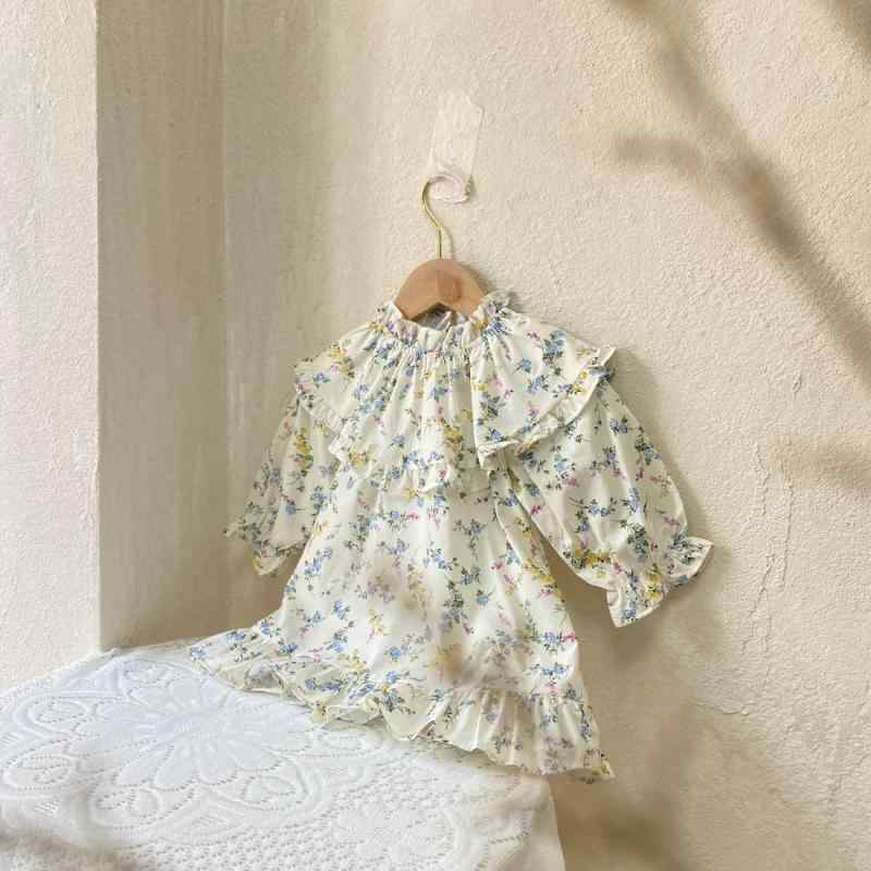 ワンピース 女の子 キッズ ベビー 1歳 2歳 3歳 幼児 春 秋 春秋 田園風 カントリー 立ち襟 スタンドカラー フリル 長袖 プリンセス ドレス ロング丈 綿 コットン 柔らかい 肌に優しい 普段着 お出かけ