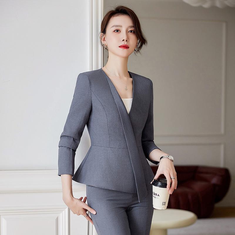 スーツ レディース ビジネス フォーマル 上品 高級感 事務服 オフィス 受付制服 長袖 グレー ジャケット セットアップ