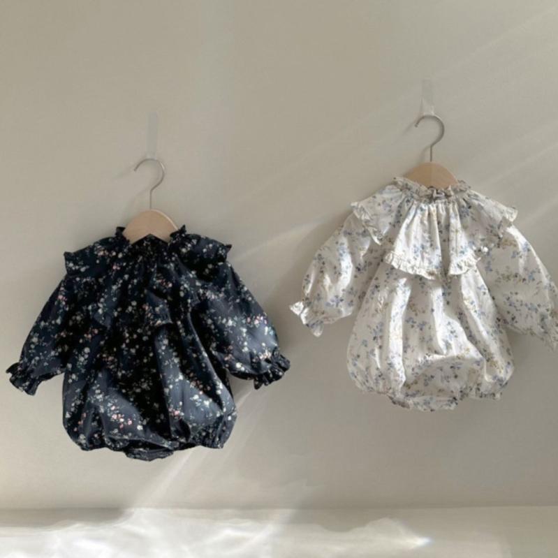 ロンパース ベビー 女の子 赤ちゃん服 長袖 綿100% コットン素材 スタンドカラー 立ち襟 フリル ティアード 田園風 韓国風 プルオーバー 春秋物 カバーオール 部屋着 ルームウェア お出かけ着