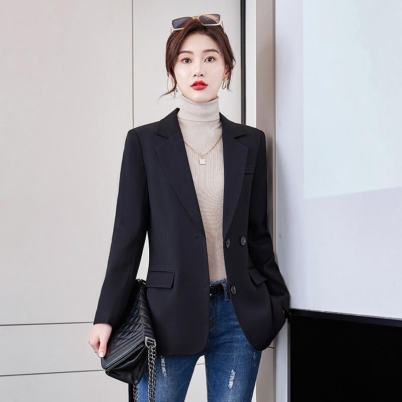 ジャケット レディース 春夏 長袖 フォーマル オフィス 通勤 OL 韓国風 テーラードカラー ダブルボタン ストレートシルエット ポリエステル 黒