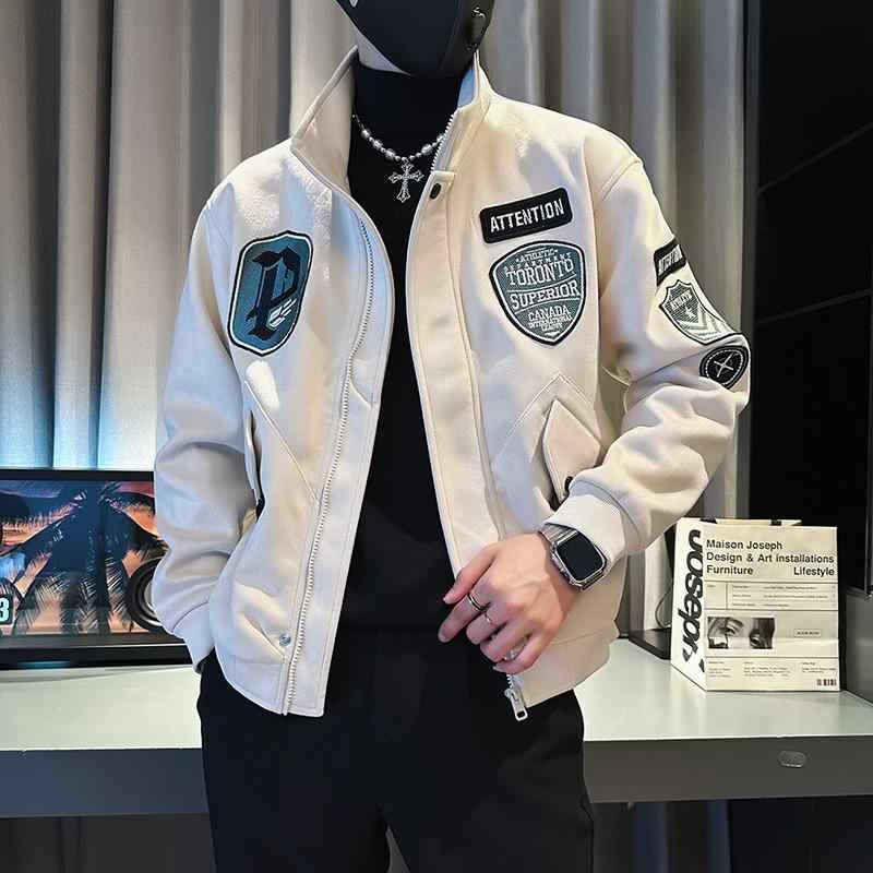 ジャケット メンズ スエード調 厚手 スリムフィット 秋冬 ワッペン 襟付き ファスナー 刺・墸 ショート丈 カジュアル ストリートファッション アウター ポリエステル ブラック ベージュ