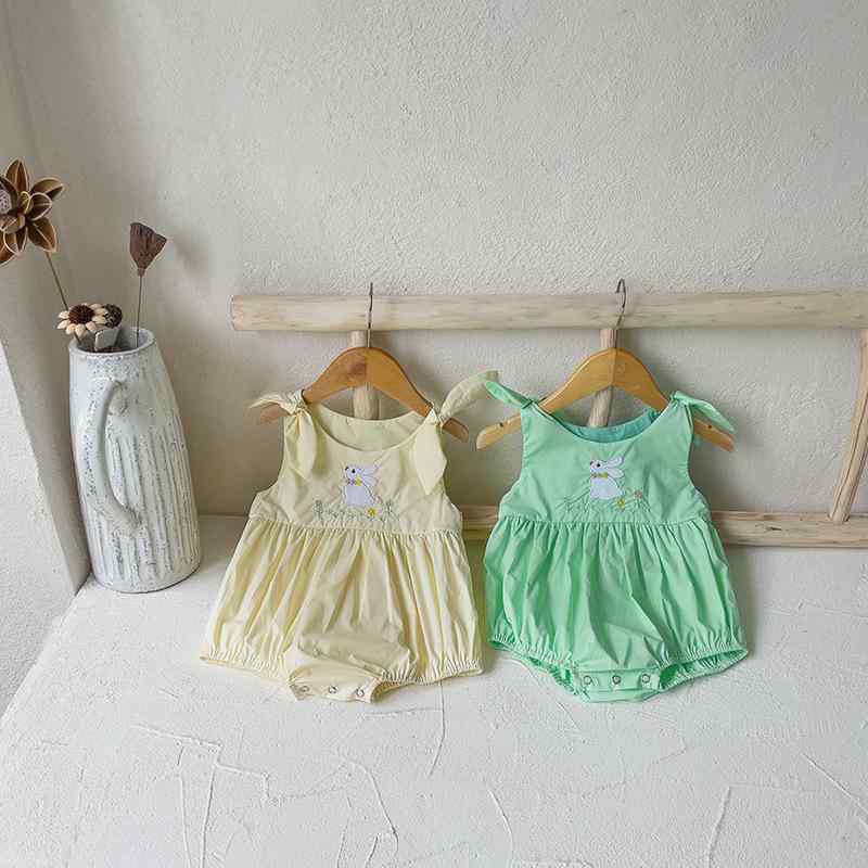 ロンパース ベビー 女の子 新生児 薄手 綿素材 ノースリーブ かわいい うさぎ アップリケ刺繍 花柄 リボン 吊りタイプ 夏物 韓国風