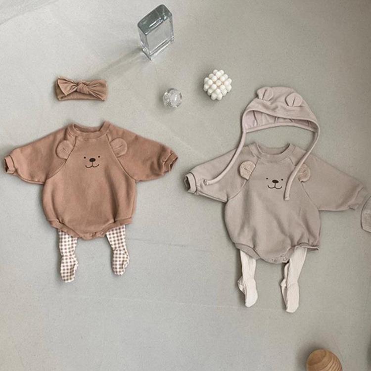 ベビー服 新生児 男の子 女の子 春秋用 かわいい クマ耳 アップリケ プリント 長袖 ロンパース カバーオール スウェットタイプ 綿95% 肌に優しい 男女兼用 韓国風 お出かけ 部屋着 出産祝い ギフト