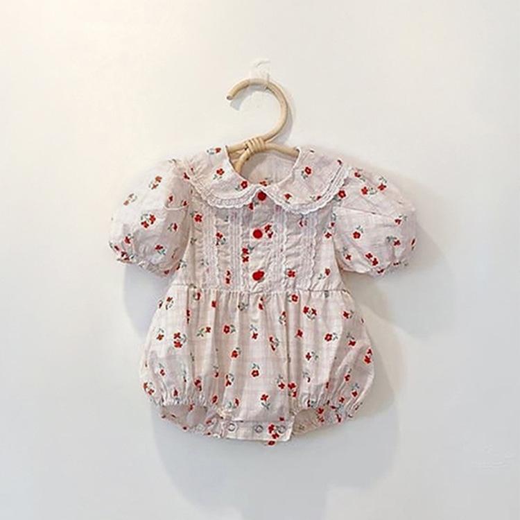 ロンパース ベビー 女の子 半袖 薄手 肌に優しい コットン 吸汗速乾 パフスリーブ 小花柄 韓国風 カバーオール 新生児 幼児 部屋着 お出かけ 夏 出産祝い ギフト 60 70 80 90 白地に赤花柄