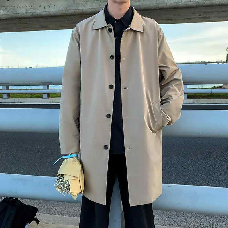トレンチコート スプリングコート メンズ 男性用 薄手 軽量 ポリエステル ビジネスカジュアル 通勤用 ゆったり リラックスフィット ミドル丈 襟付き シングルボタン 韓国風 ファッション 春秋