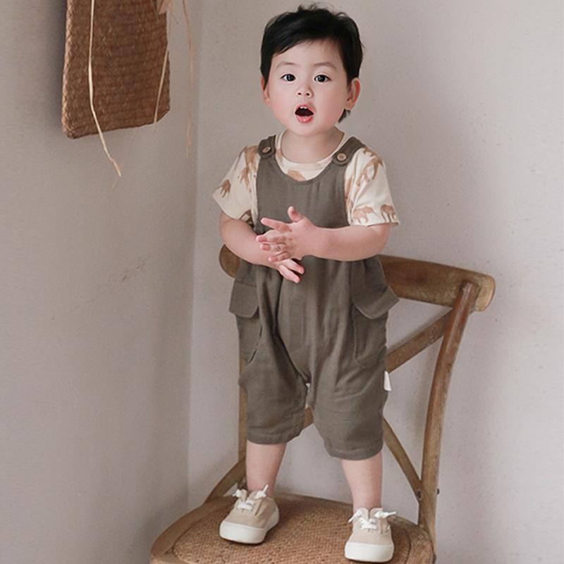 サロペット ベビー キッズ 男の子 女の子 コットンリネン ゆったり 九分丈 ポケット付き ボタン調節 股下ボタン 無地 カジュアルスタイル A類安全基準